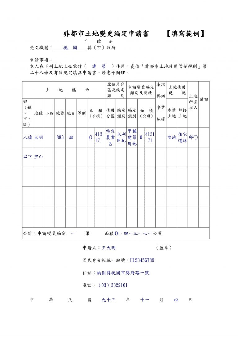 非都市土地變更編定申請書 【填寫範例】