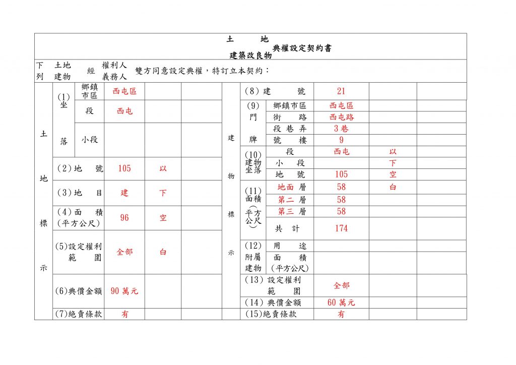 土地建築改良物典權設定契約書填寫範例(1)