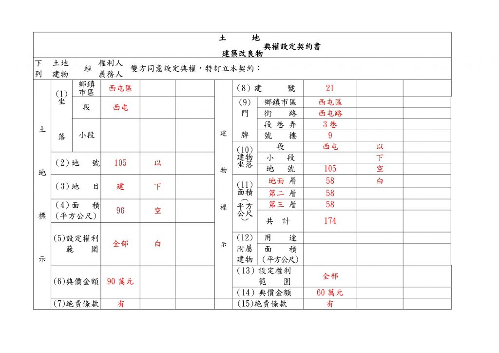 土地建築改良物典權設定契約書填寫範例(1)